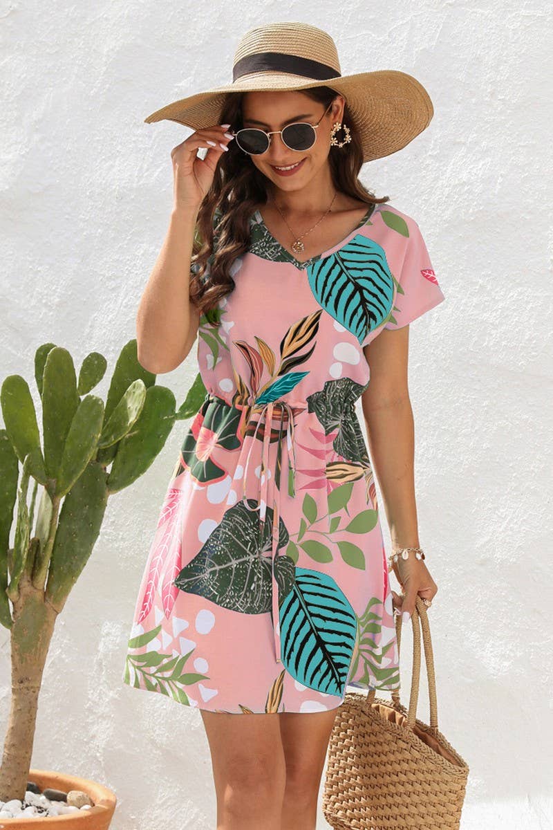 CWDSD4019_V-NECK FLORAL PRINT DRAWSTRING DRESS