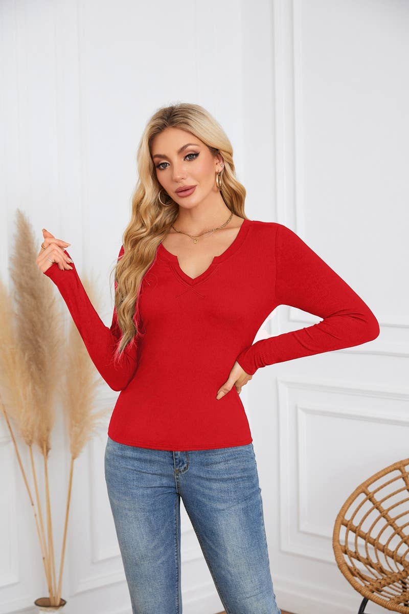 Long sleeve jumper with deep U neck and cross neckline