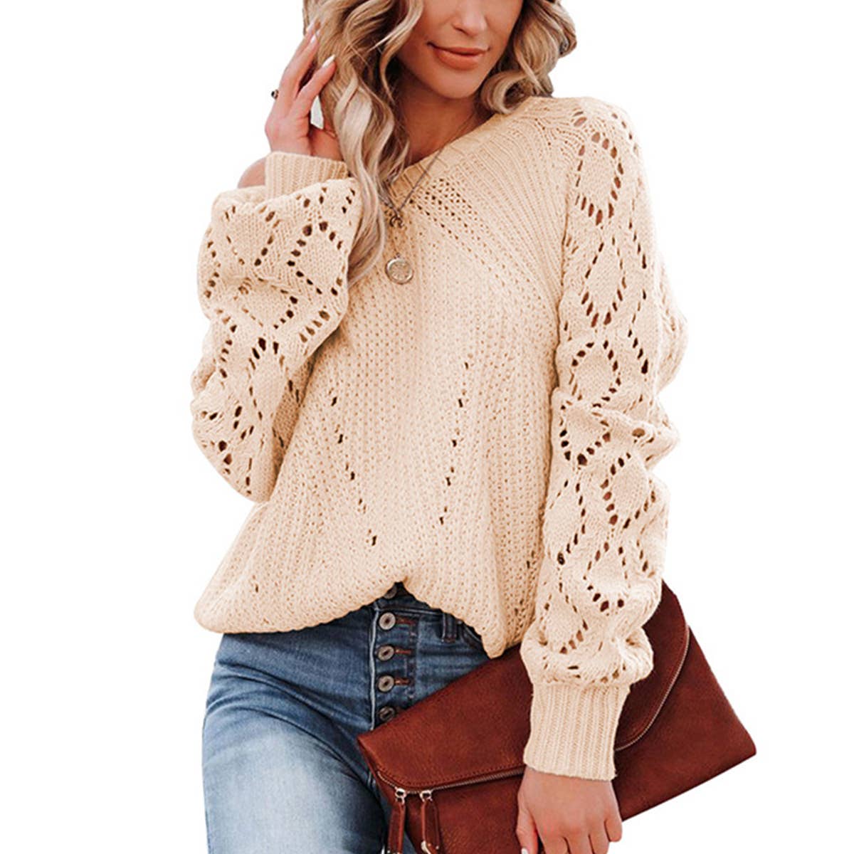 HOLLOW-OUT PULLOVER PATTERN CREW-NECK SWEATER