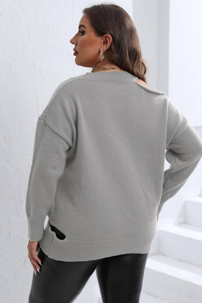 CWOSWL1571_PLUS Size V-Neck Long Sleeve Pullover Sweater