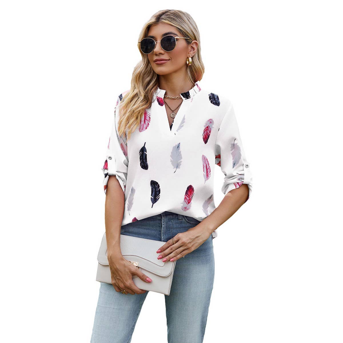 V-neck feather print seven-quarter sleeve shirt