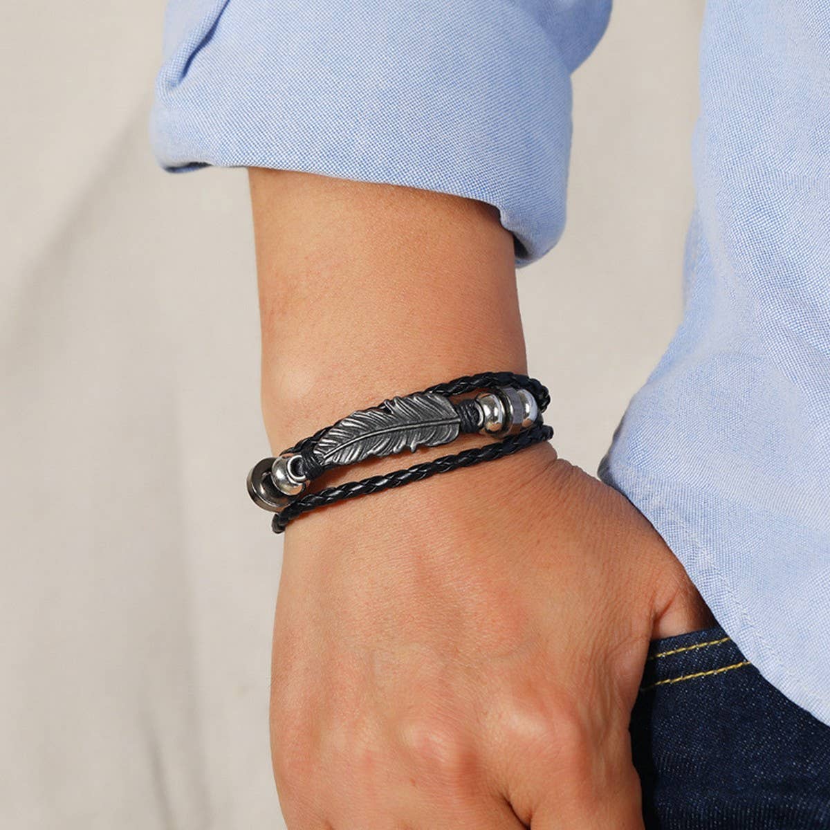 SIMPLE ALLOY FEATHER BEADED LEATHER BRACELET