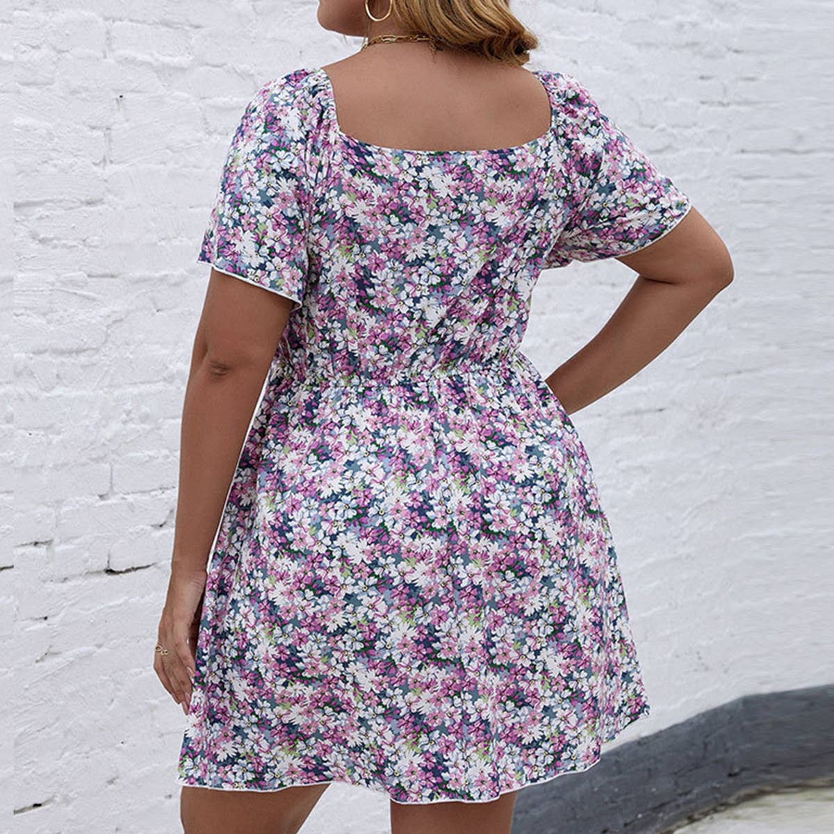 V-NECK WAIST CINCHED LARGE HEM PRINTED DRESS