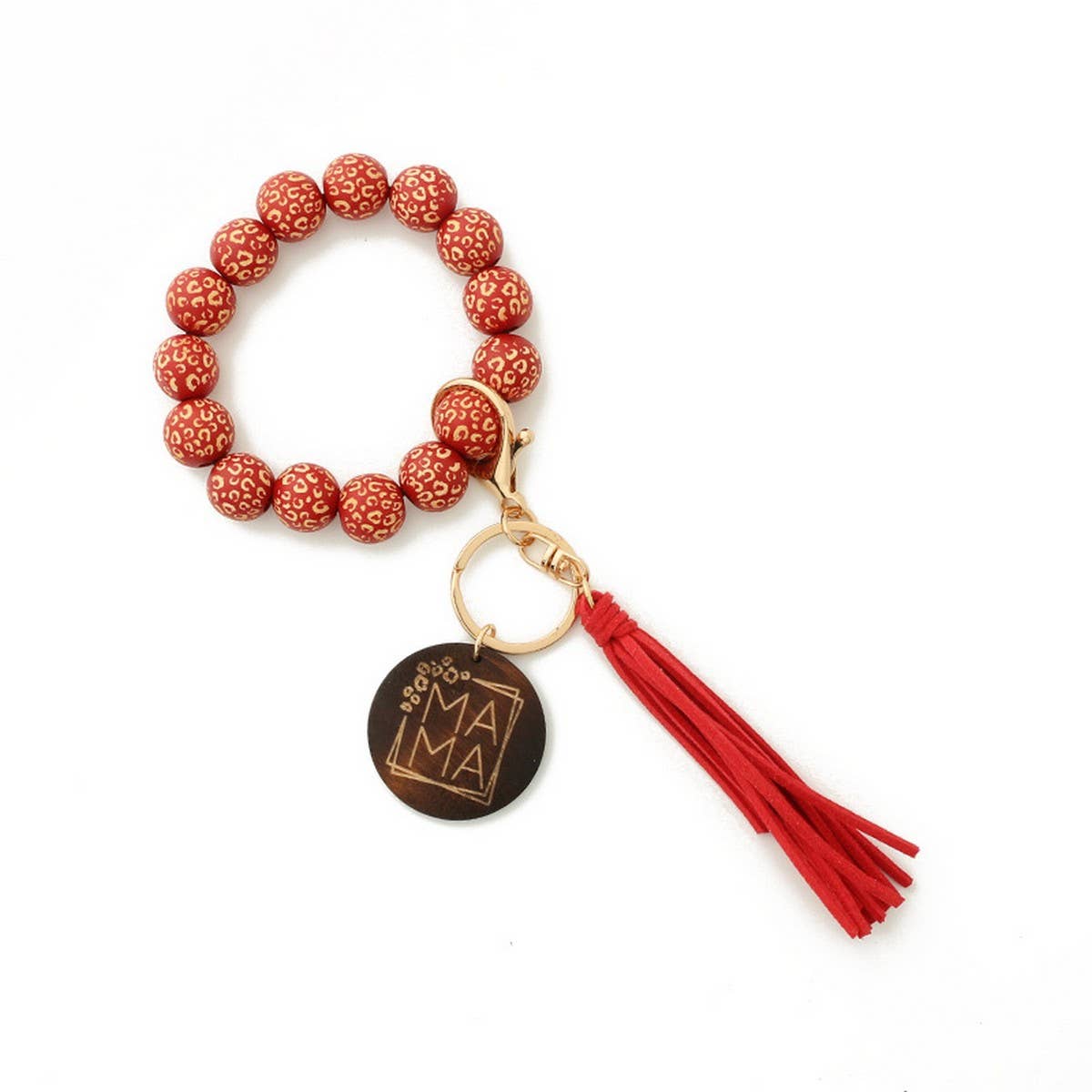 LEOPARD PATTERN WOODEN BEAD BRACELET KEYCHAIN