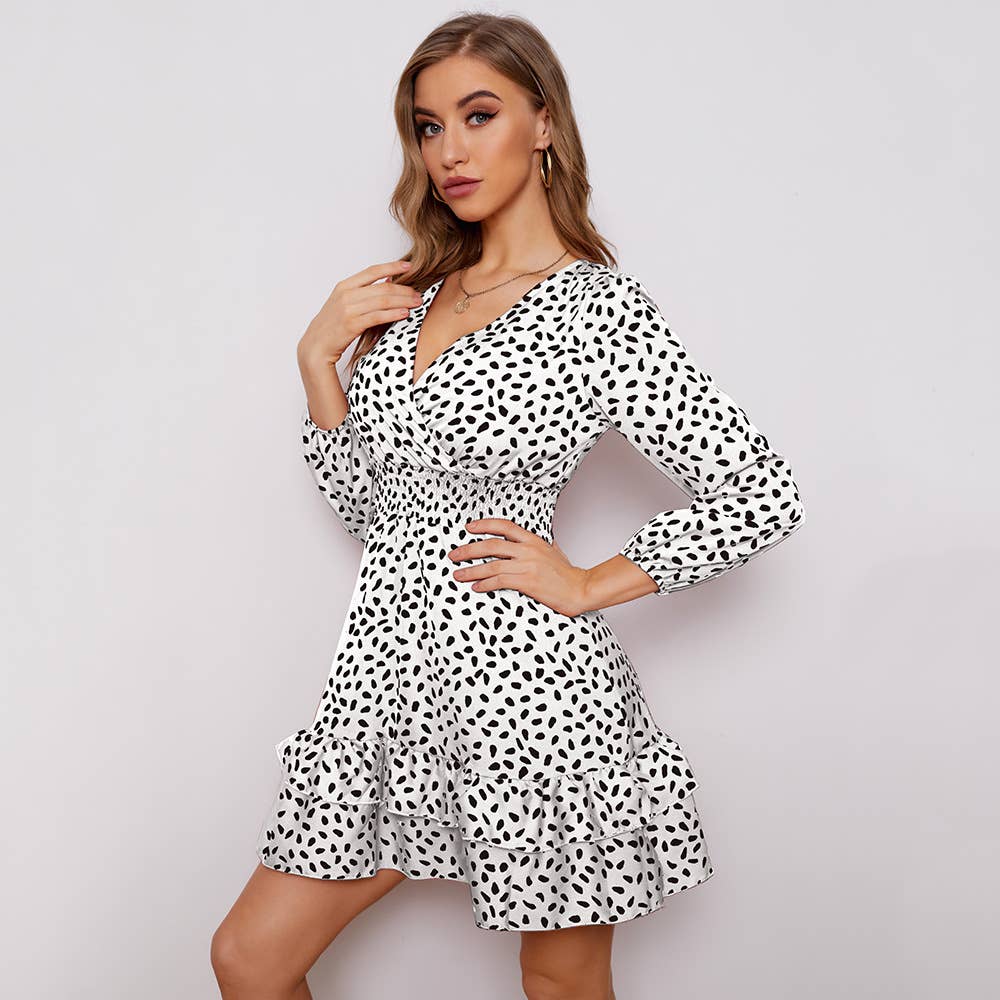 V-NECK BUBBLE LONG SLEEVE SKIRT DRESS