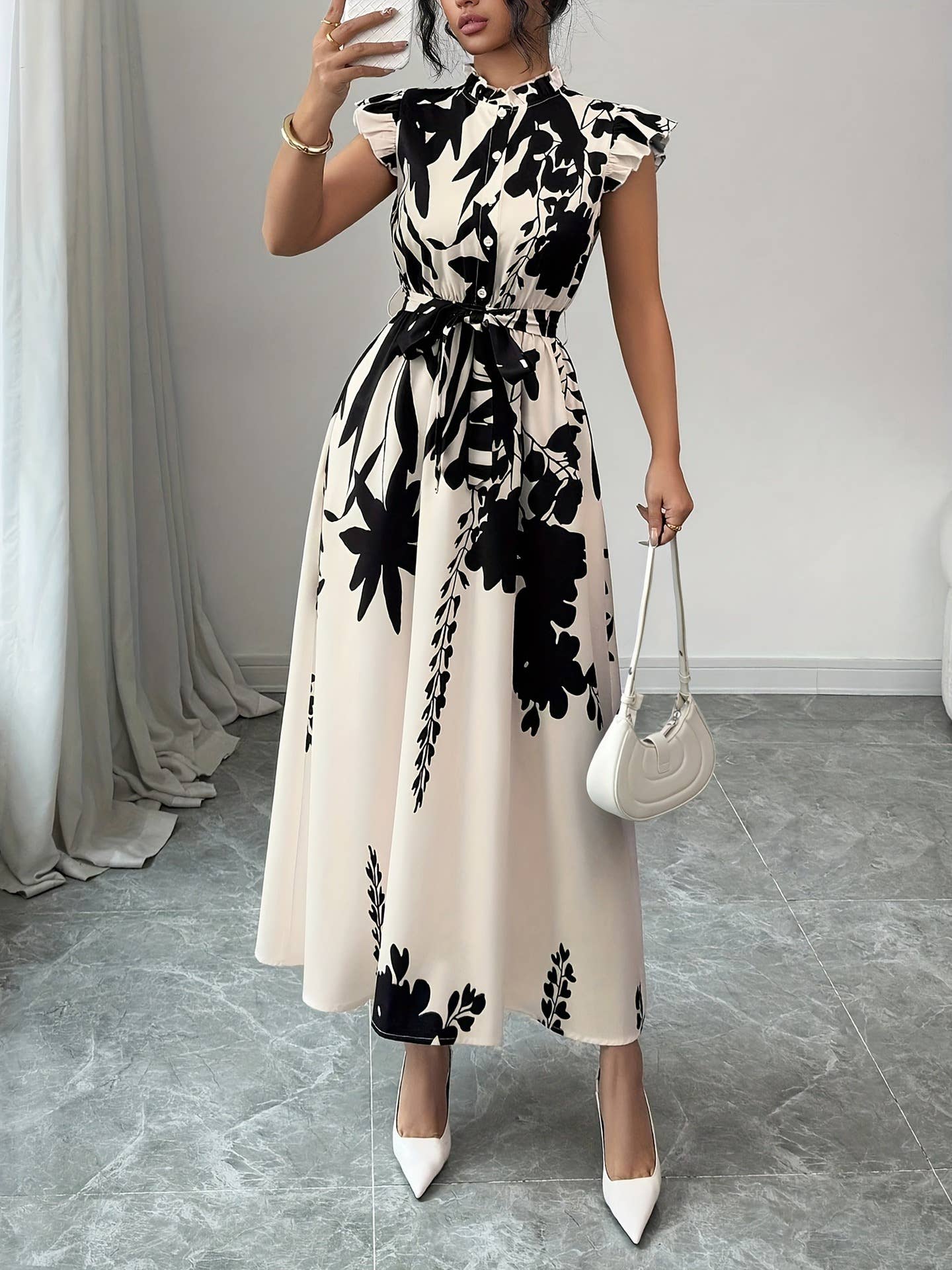 Ethnic-style stand-up collar cinched waist dress
