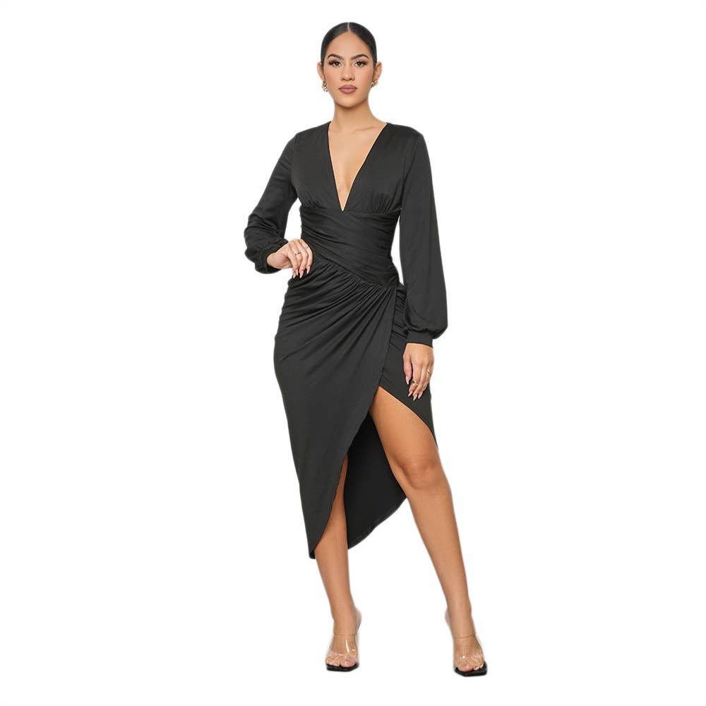 LONG SLEEVE WAIST IRREGULAR SEXY SLIM-FIT DRESS