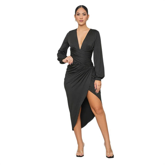 LONG SLEEVE WAIST IRREGULAR SEXY SLIM-FIT DRESS