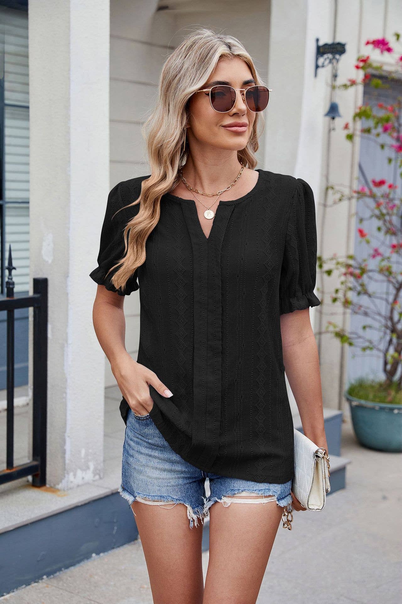 Solid color V-neck puffed sleeve jacquard T-shirt