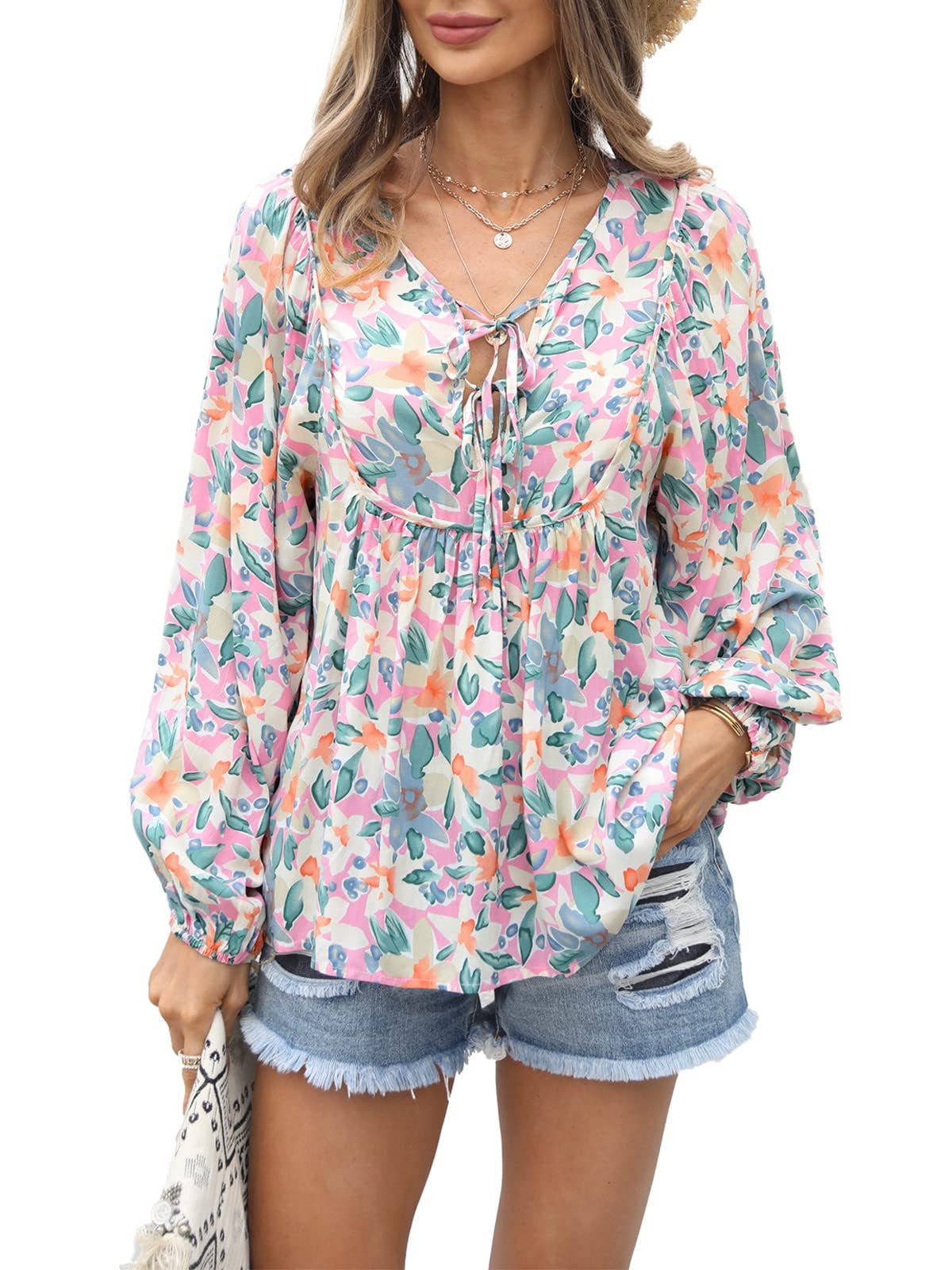 Lace-up printed loose shirt for women