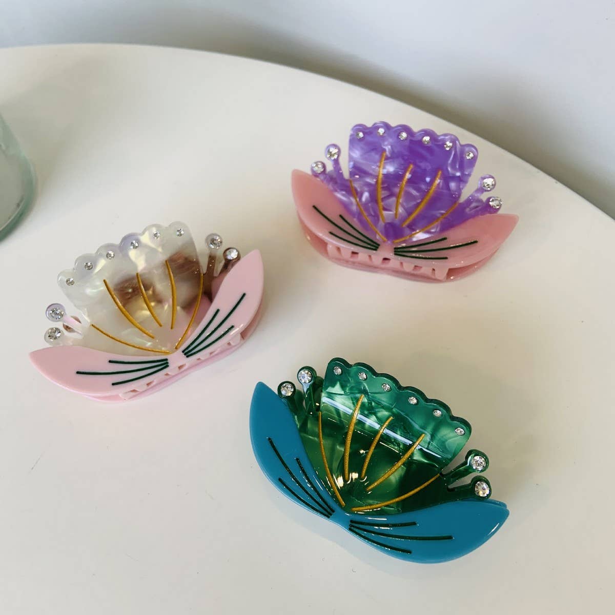 Lotus Flower Acetate Hair Claw, Rhinestone Cute