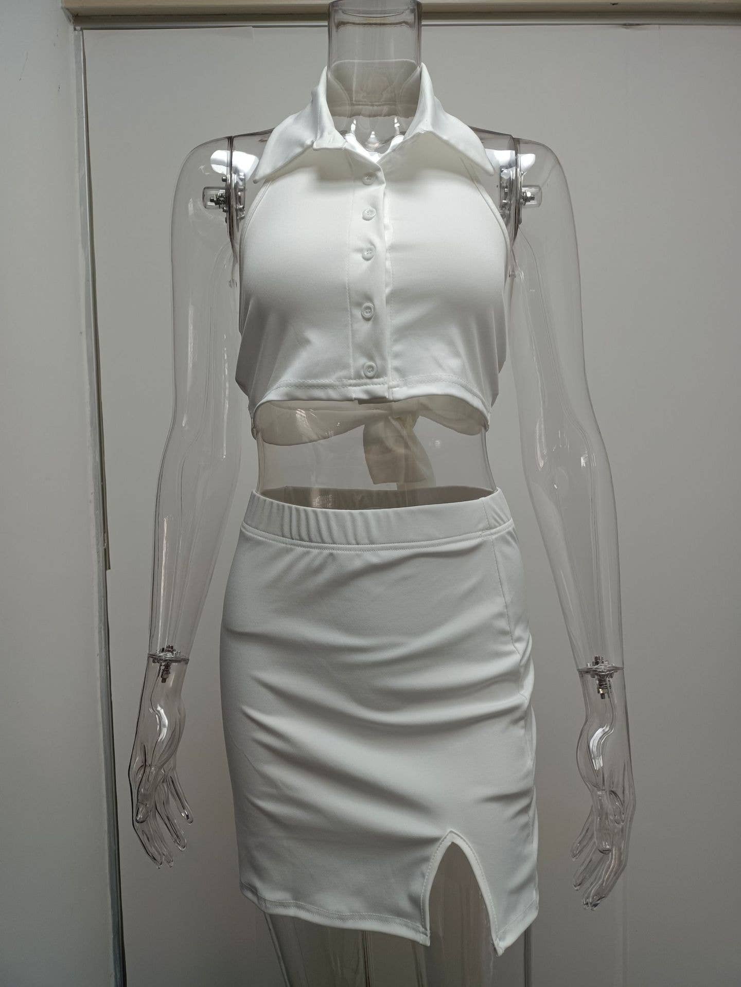 Lace-up POLO collar exposed waist short skirt set