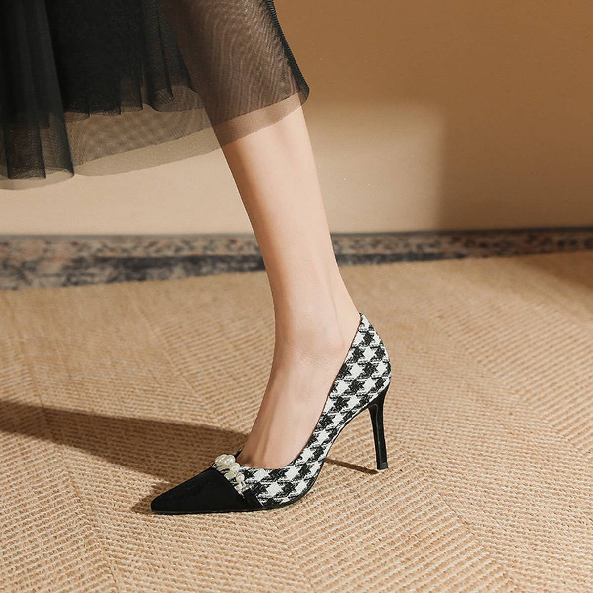 THOUSAND BIRD PLAID SLIM HEEL HIGH HEELS