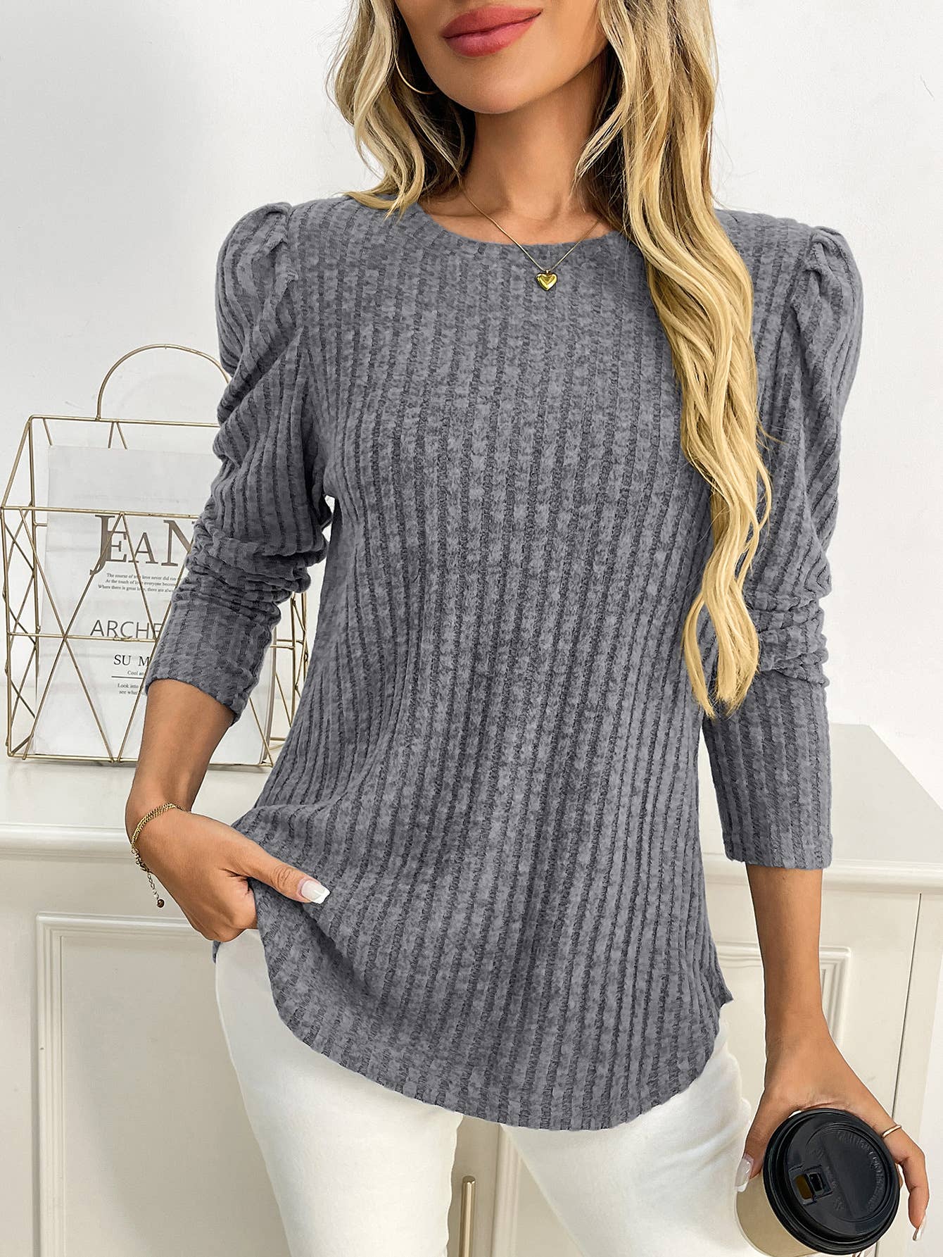Round-neck puffed-sleeve brushed striped T-shirt