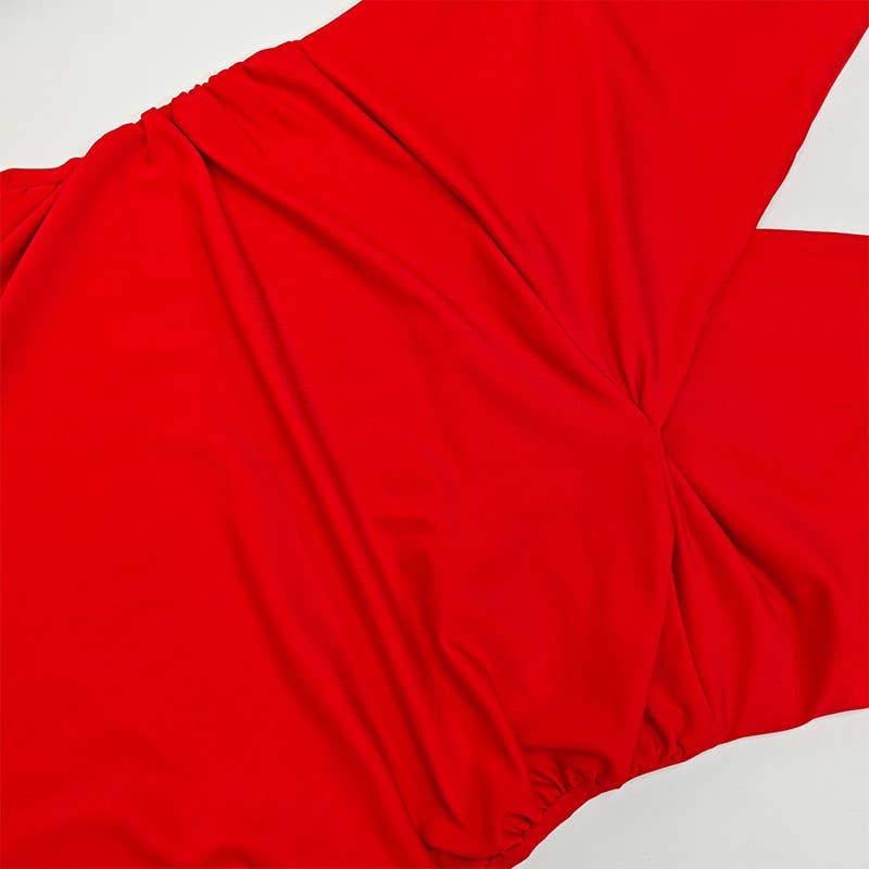 Solid color deep V drawstring pleated dress