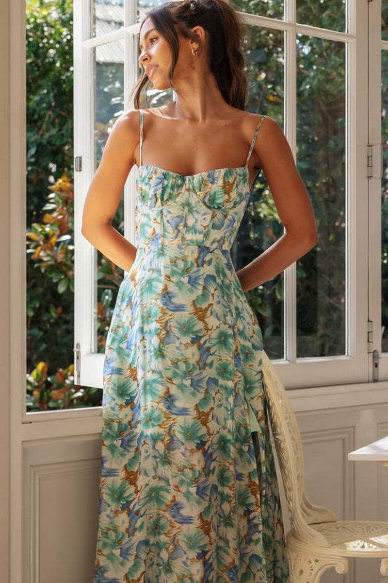 CWDMD5678_FLORAL SPAGHETTI STRAP BACKLESS SPLIT MAXI DRESS