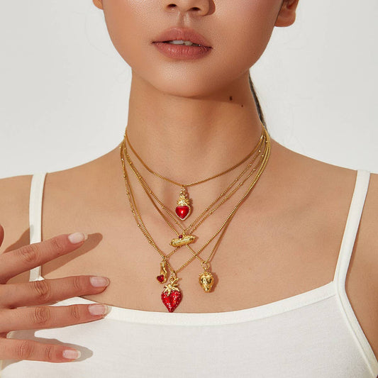 Enamel Heart Necklace with Strawberry Charm