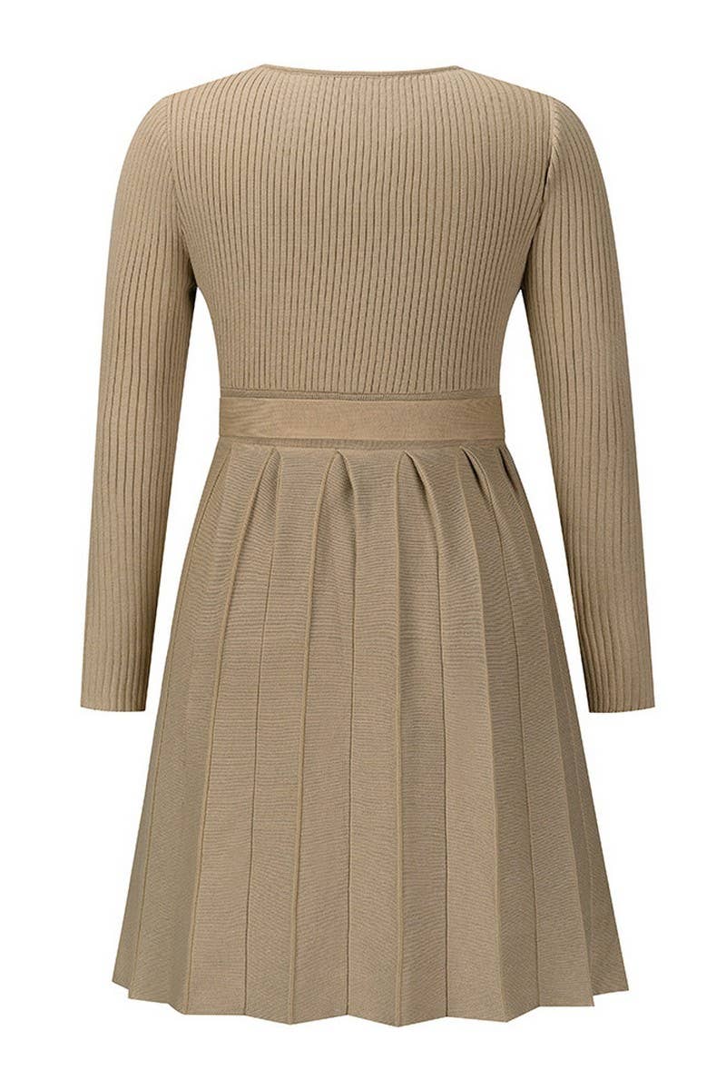 CWDSD6463_V-NECK TIE PLEATED KNITTED SHORT A-LINE DRESS