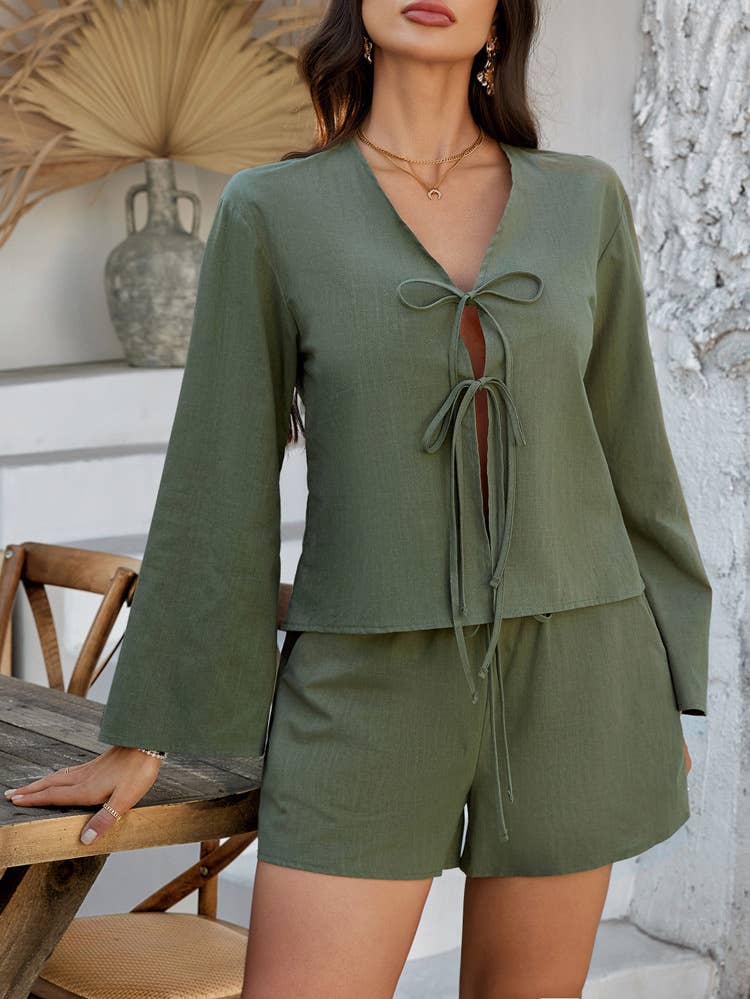 Lace-up cardigan shorts casual solid color suit