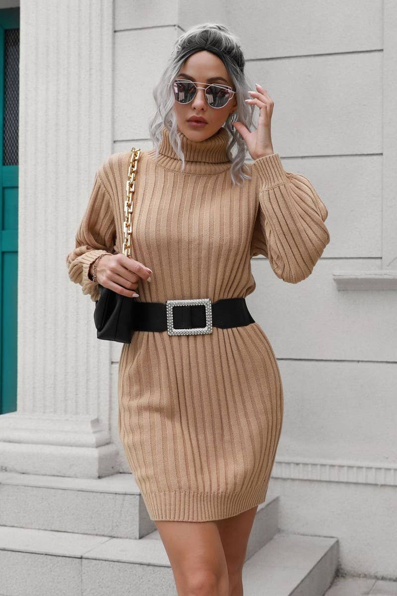 CWDSD5969_RIBBED TURTLENECK KNITTED SWEATER DRESS