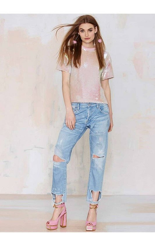 Cwtbls1525_Pink Sequin Cropped Short Sleeve Tee Top