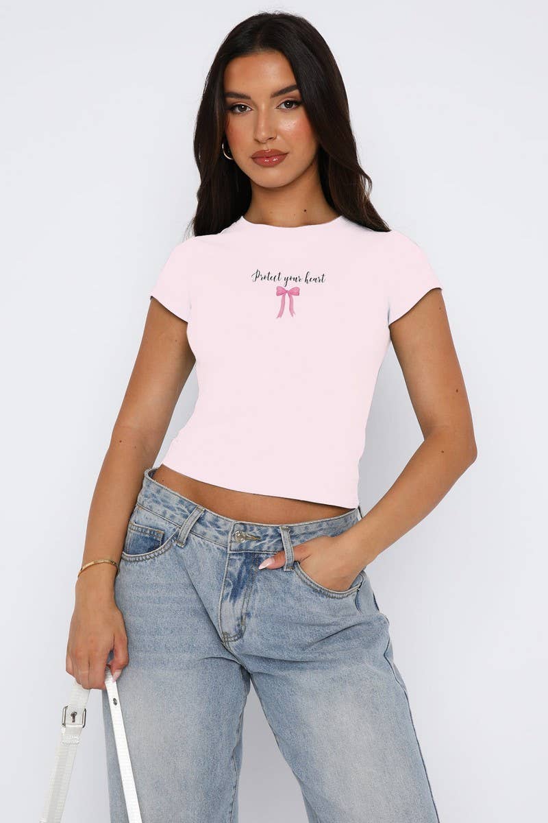 Cwtts1572_Printed Crew Neck Slim Fit Crop Top Tee
