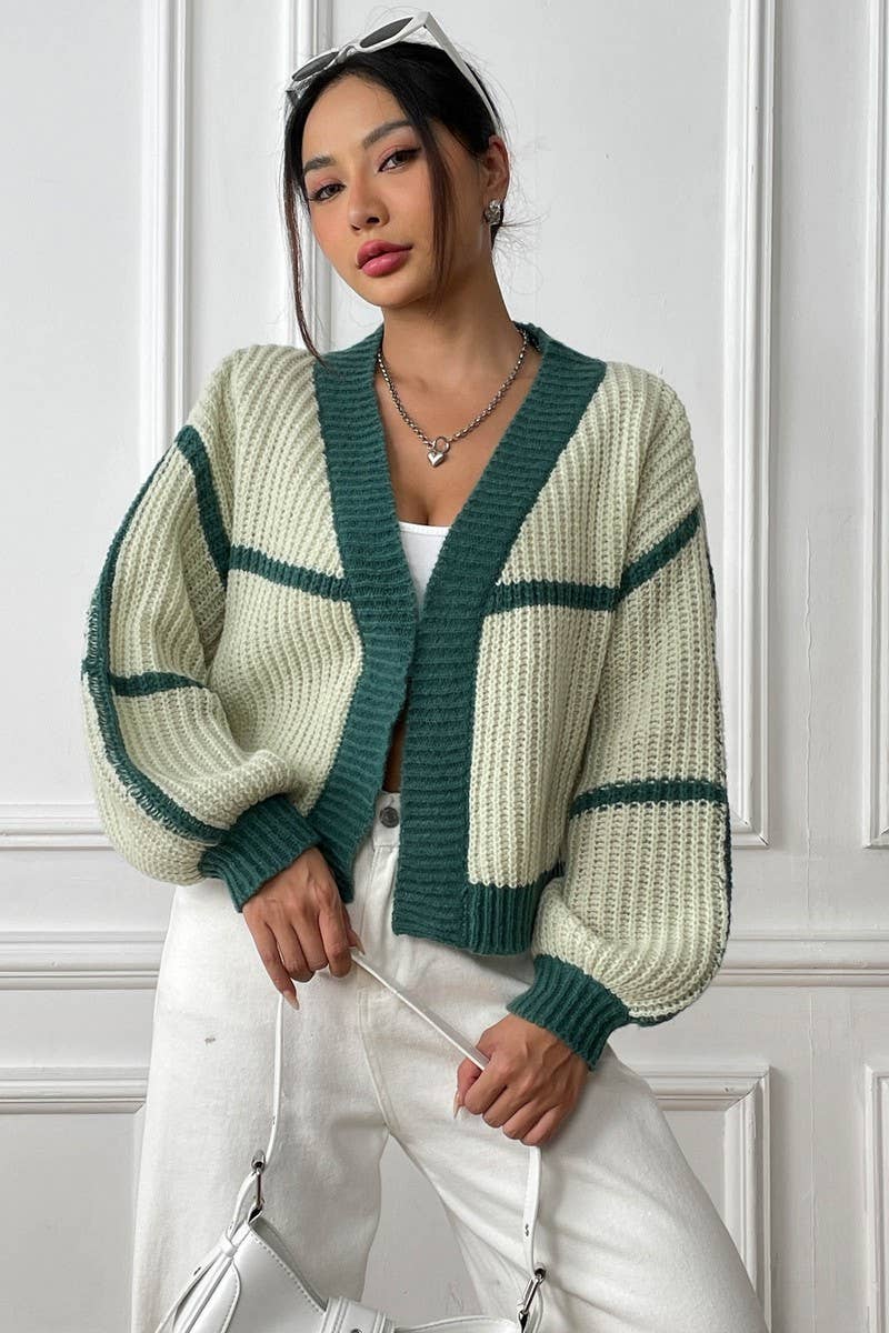 CWOSWL07344_WOMEN COLOR BLOCK KNIT CASUAL CARDIGAN