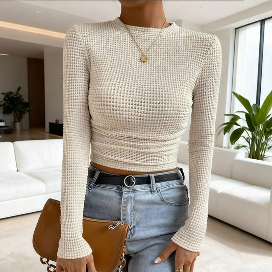 Versatile checked round-neck pleated T-shirt