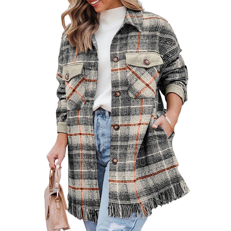Stylish fringe pocket plaid blouse jacket for women