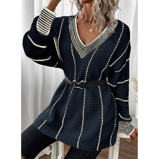 KNITTED V-NECK STRIPED PULLOVER SWEATER