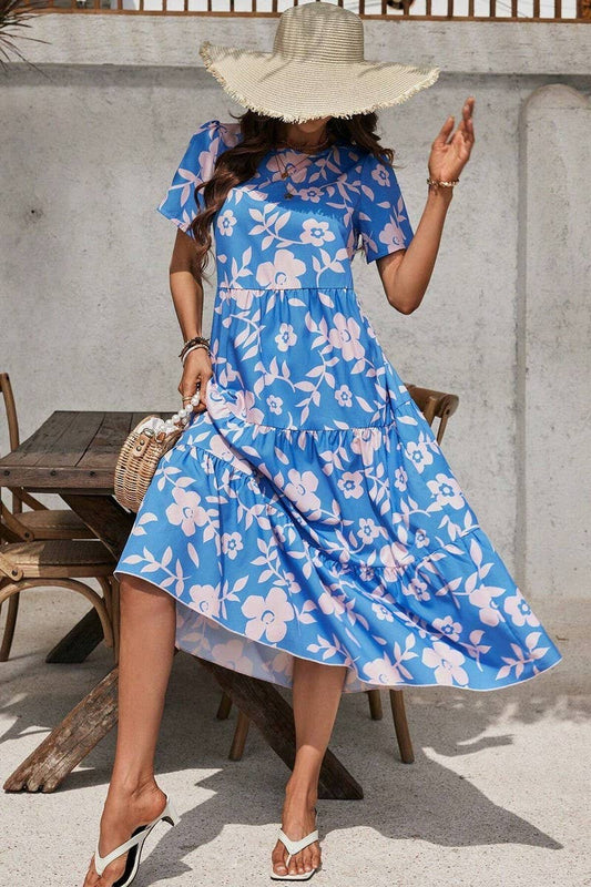 CWDMD4445_FLORAL PRINT MULTI-LAYERED RUFFLE PATCHWORK DRESS