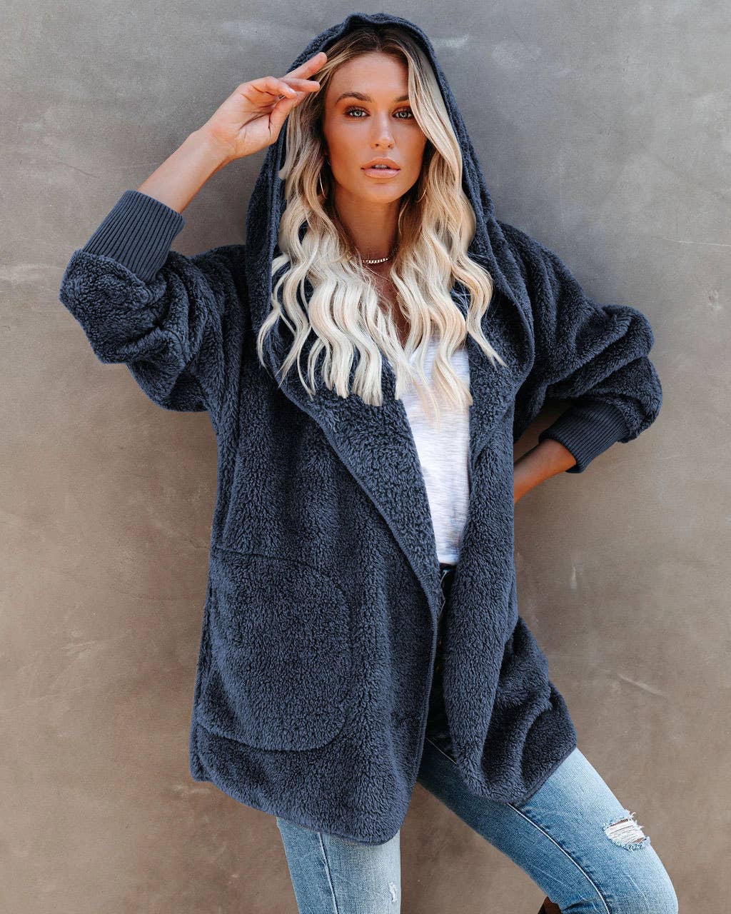 LONG SLEEVE CASUAL HOODED SOLID COLOR CARDIGAN