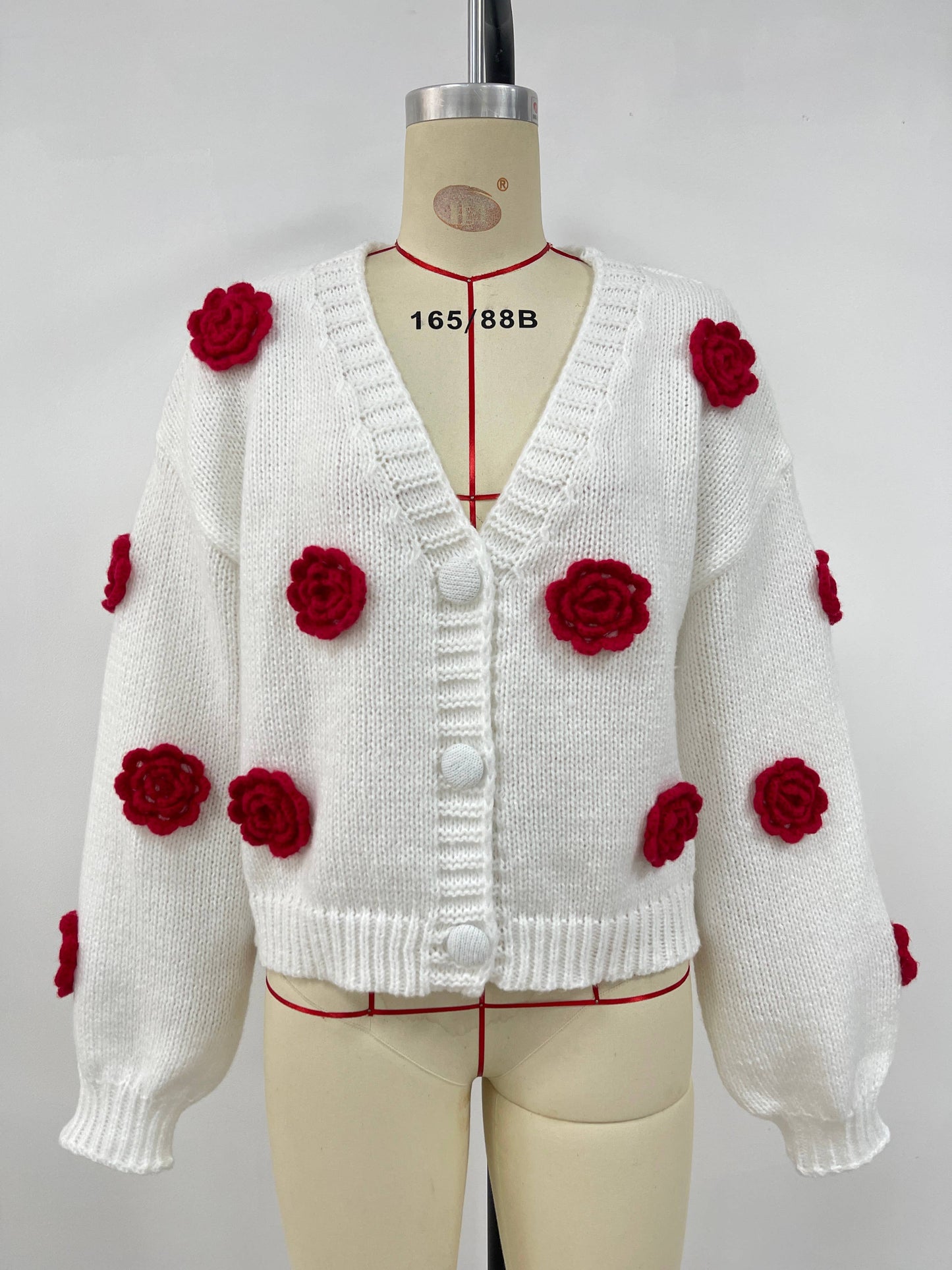 V-neck single-breasted floral knitted cardigan