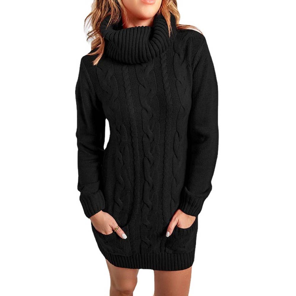 TURTLENECK SOLID COLOR CREW-NECK SWEATER DRESS