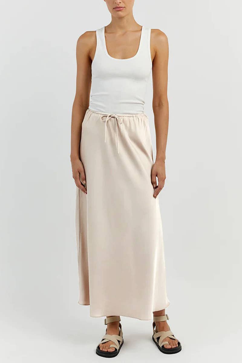 SATIN HIGH WAIST DRAWSTRING SOLID COLOR SKIRT