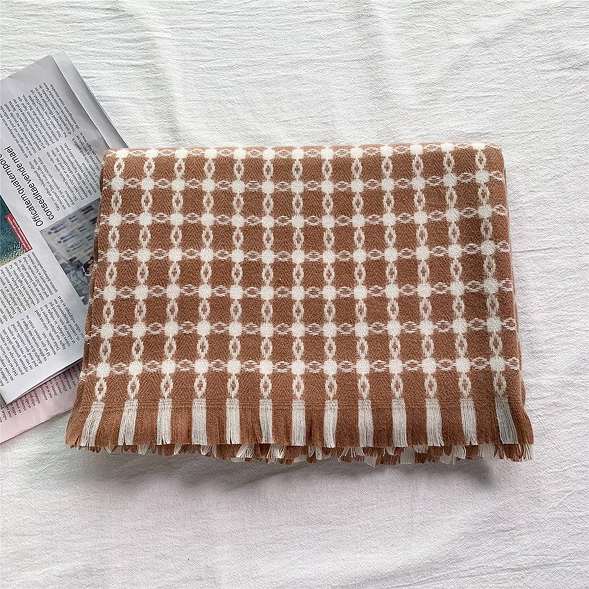 WINTER WARM LATTICE LARGE SCARF FRINGE SHAWL