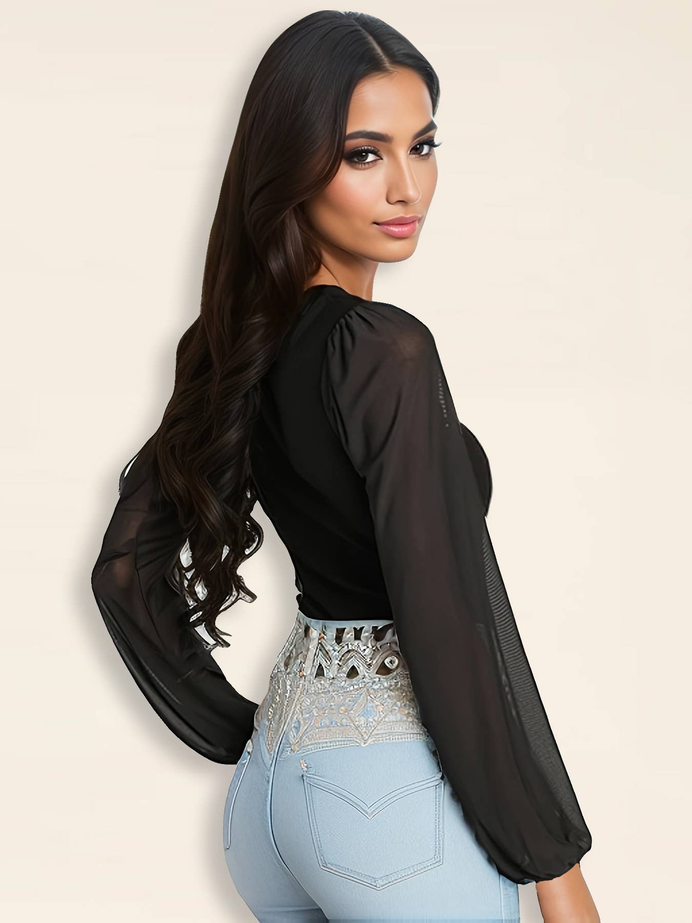 SEXY FASHION PATCHWORK MESH LANTERN SLEEVE ONESIE