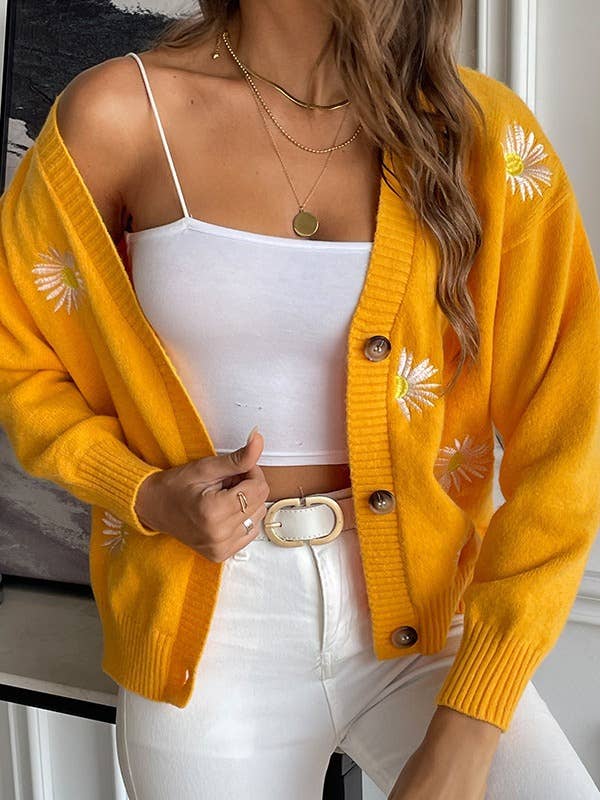 LITTLE CHRYSANTHEMUM EMBROIDERY V-NECK SWEATER