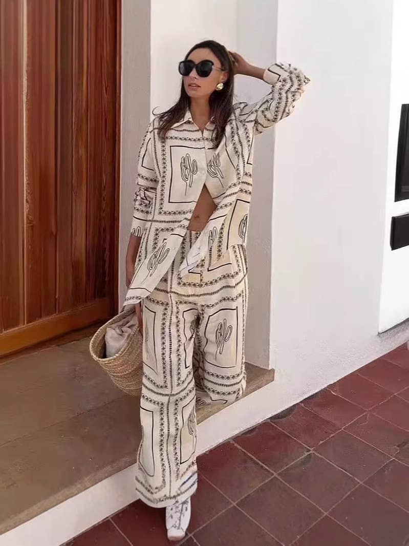Fashiona linen cardigan and wide-leg pants set