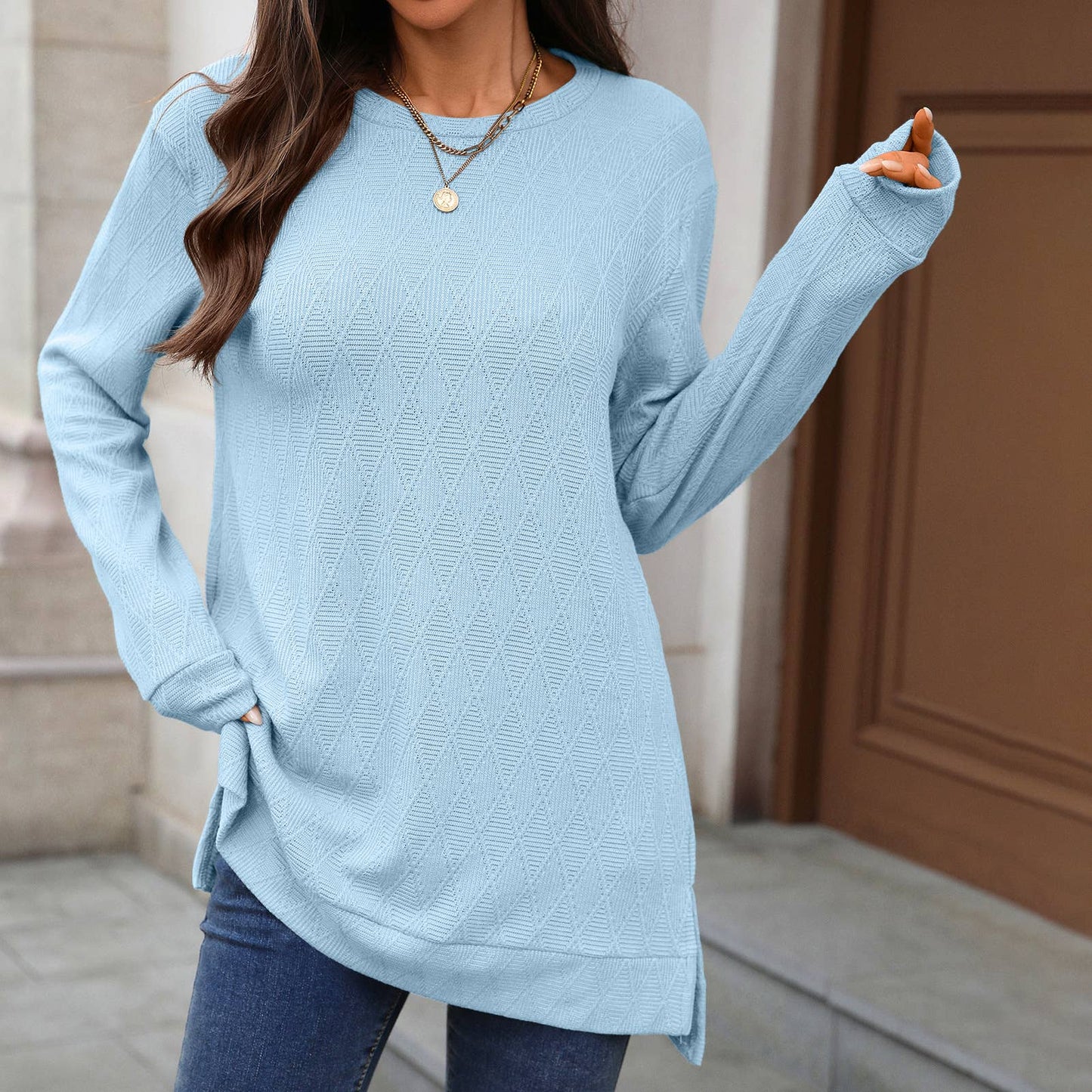 Round-neck knitted jacquard long-sleeved T-shirt