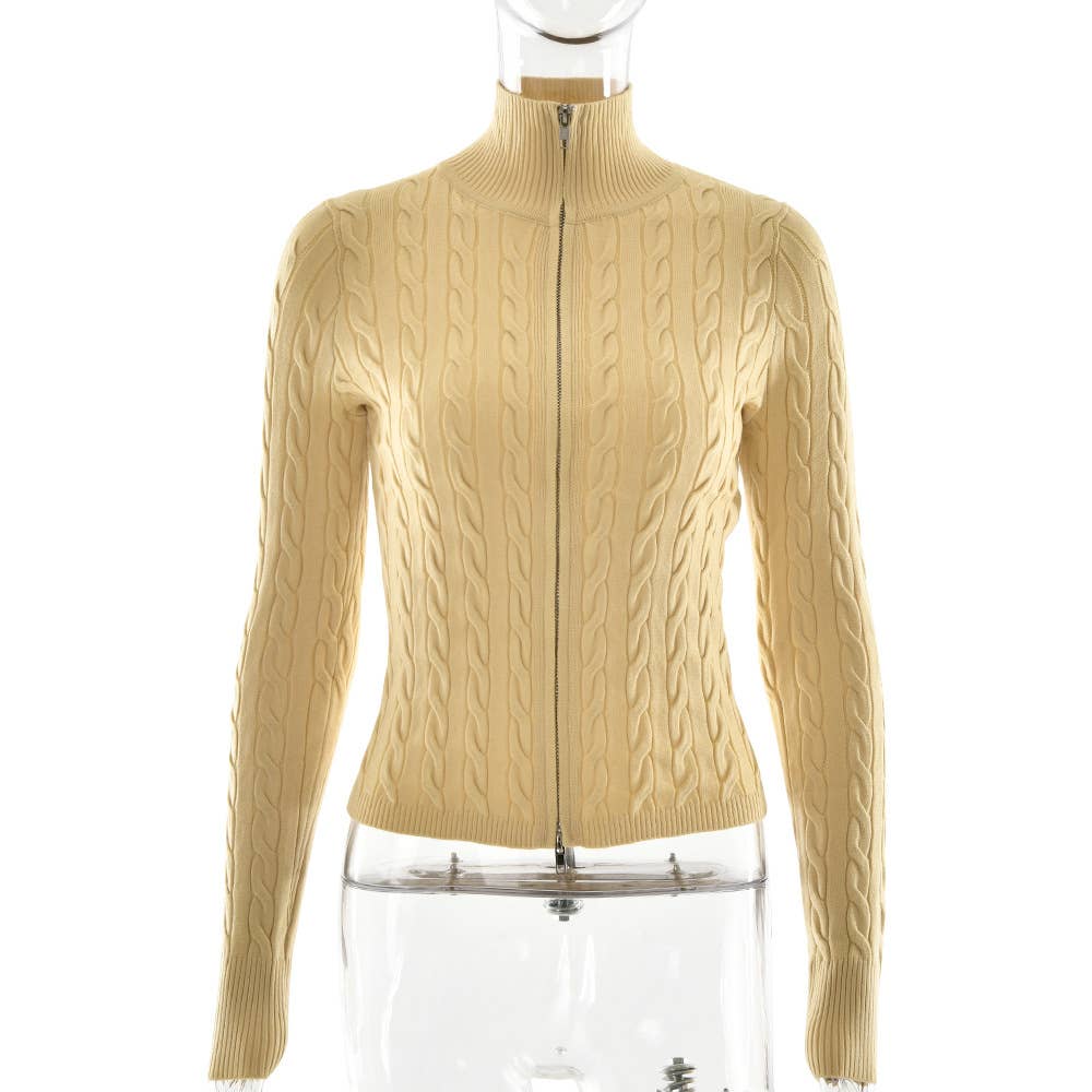 Fashionable semi-high neck zipper knit cardigan