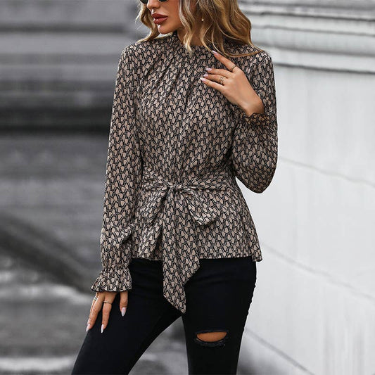 Lace-up shirt Long sleeve printed shirt