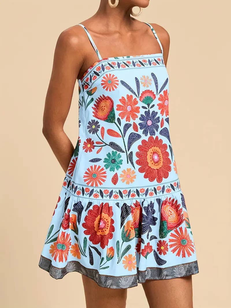 Fashion digital printed sunflower halter dress