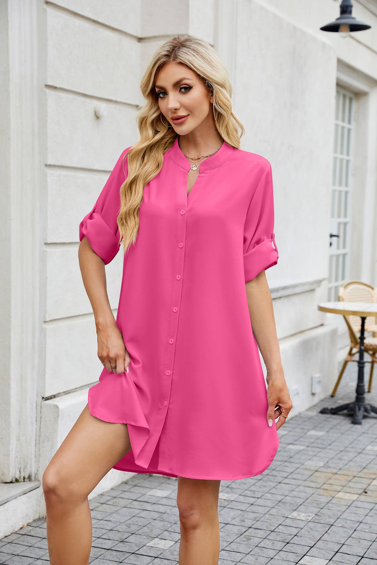 Solid color mid-sleeve button-down shirt dress
