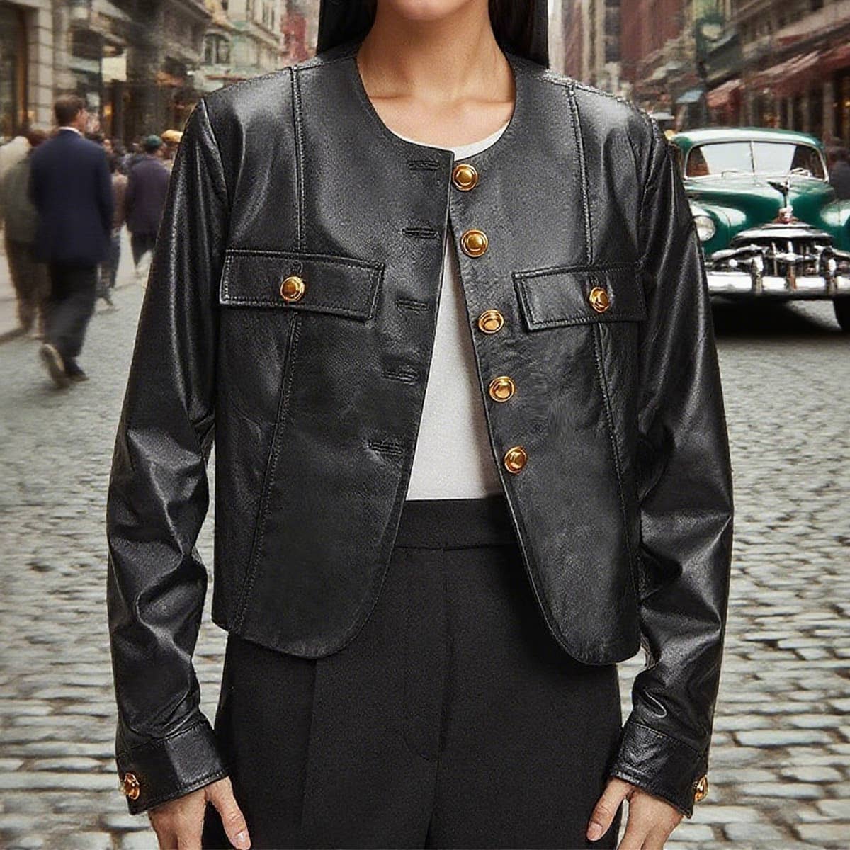 Round-neck single-breasted leather jacket
