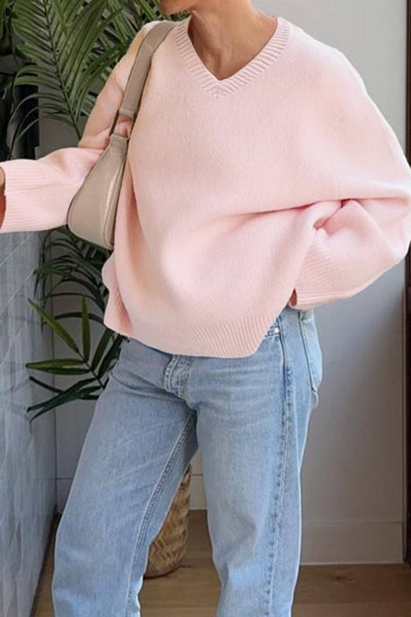 CWOSWL07486_CASUAL V-NECK SOLID LONG SLEEVE KNIT SHIRT