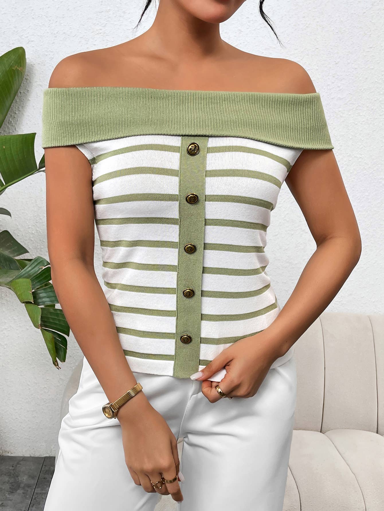 Stylish striped off-the-shoulder pullover sweater