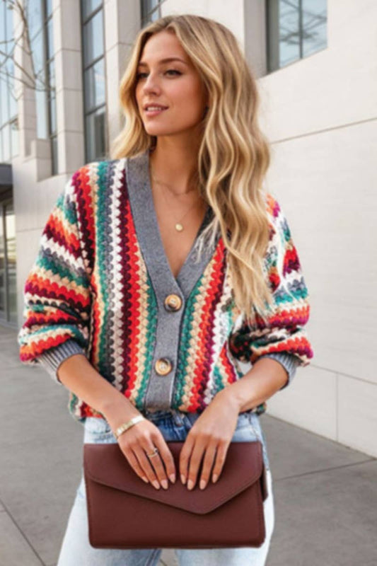 CWOCAL2212_CONTRASTING V-NECK STRIPED LONG-SLEEVED CARDIGAN