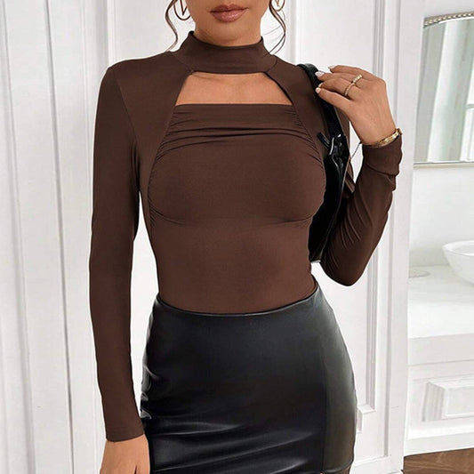 SEXY HOLLOW BASE SOLID COLOR LONG SLEEVE T-SHIRT