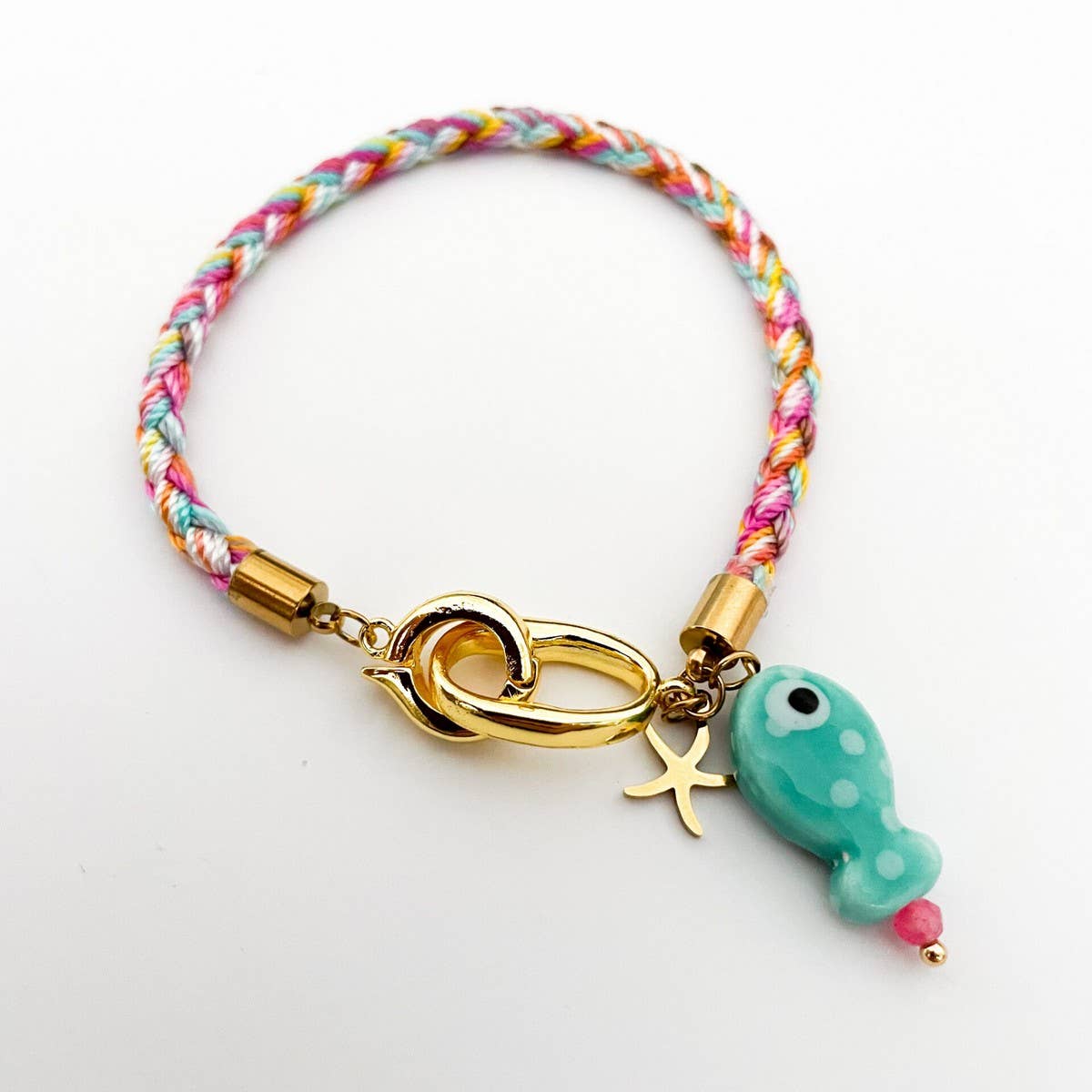 18K Gold Fish & Star Charm Woven Rope Bracelet_CWAJE4615